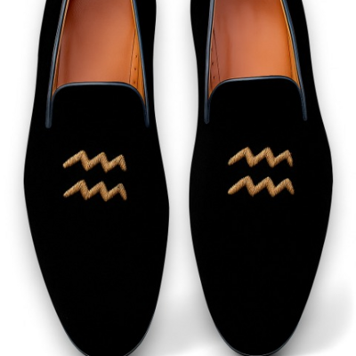 Crafted leather velvet '' aquarius '' astrological sign loafers shoes black 