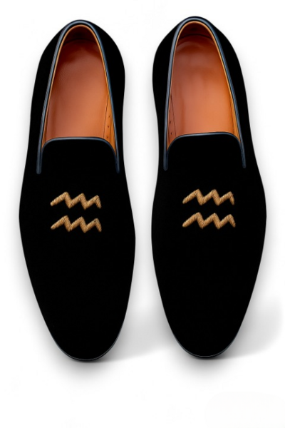 Crafted Leather Velvet '' Aquarius '' Astrological Sign Loafers Shoes Black 