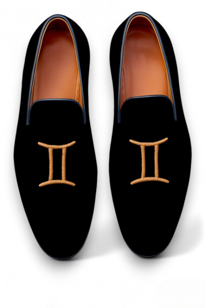 Crafted Leather Velvet '' Gemini '' Astrological Sign Loafers Shoes Black 