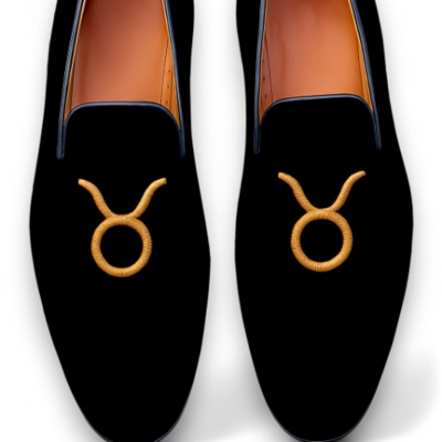 Crafted leather velvet '' taurus '' astrological sign loafers shoes black 