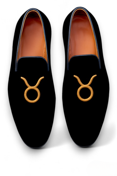 Crafted Leather Velvet '' Taurus '' Astrological Sign Loafers Shoes Black 
