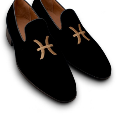 Crafted leather velvet '' pisces '' astrological sign loafers shoes black 