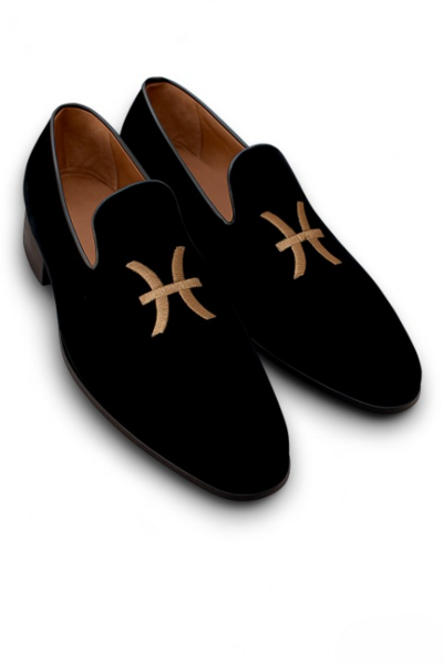 Crafted Leather Velvet '' Pisces '' Astrological Sign Loafers Shoes Black 