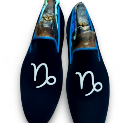 Crafted leather velvet '' capricorn '' astrological sign loafers shoes blue