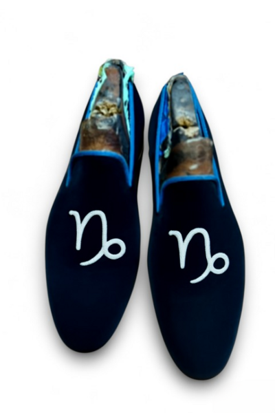 Crafted Leather Velvet '' Capricorn '' Astrological Sign Loafers Shoes Blue
