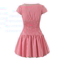 Retro-style plaid round neck shoulder strap tie waist slim fit short dress - Thumbnail 1