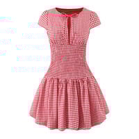 Retro-style plaid round neck shoulder strap tie waist slim fit short dress - Thumbnail 2