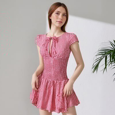 Retro-style plaid round neck shoulder strap tie waist slim fit short dress - Thumbnail 1