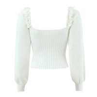 Retro court style ruffled square neck tie ribbed knit sweater - Thumbnail 1