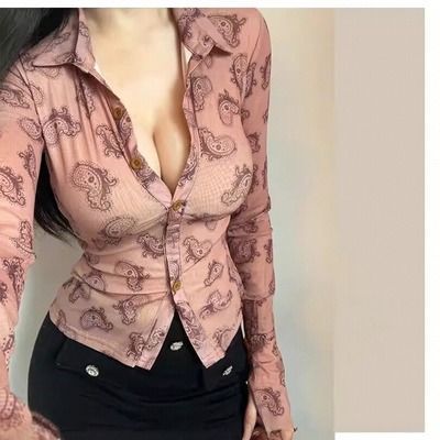 Retro niche design printed collared extra long sleeve shirt