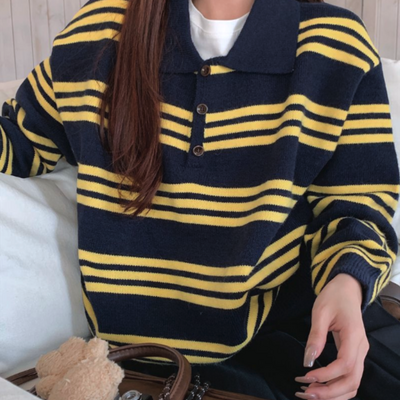 Navy & yellow striped collared knit sweater