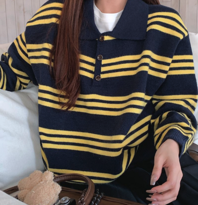 NAVY & YELLOW STRIPED COLLARED KNIT SWEATER