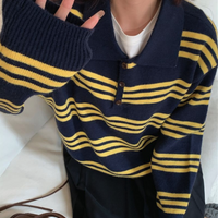 NAVY & YELLOW STRIPED COLLARED KNIT SWEATER - Thumbnail 1