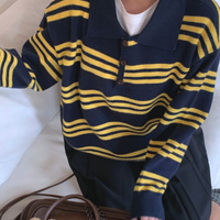 NAVY & YELLOW STRIPED COLLARED KNIT SWEATER - Thumbnail 2