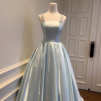 Blue satin a-line tea length prom party dress
