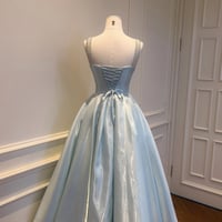 Blue Satin A-Line Tea Length Prom Party Dress - Thumbnail 1