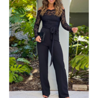 Women'S Black Lace One Shoulder Long Sleeved Tight Jumpsuit - Thumbnail 1