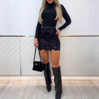 Solid Color Patterned Zipper Patchwork Hip Skirt - Thumbnail 2