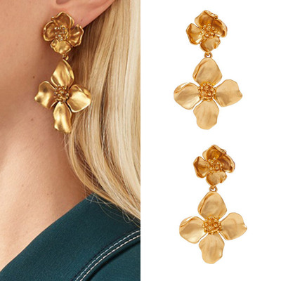 Elegant double flower drop earrings, s925 needle, floral design dangle statement jewelry for women