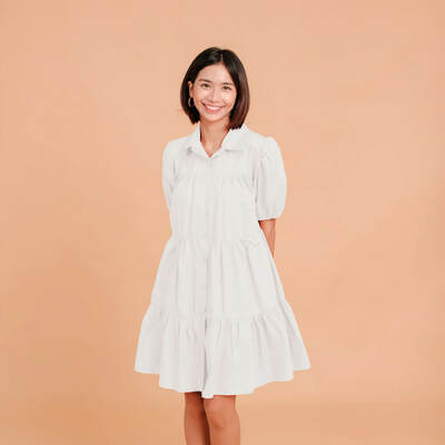 White Puff Sleeve Tiered Mini Shirt Dress