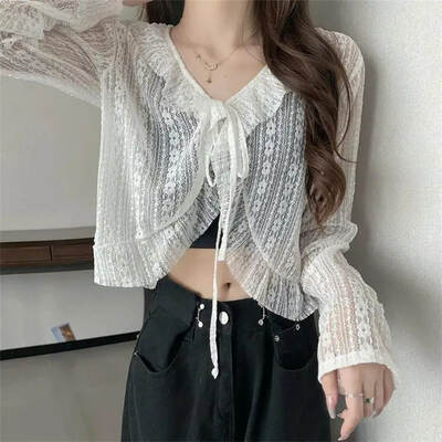 Theresa White Mesh Lace Cropped Cardigan