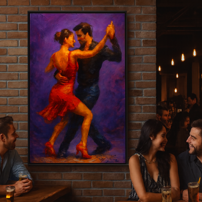 Tango passion red dress dance painting in bold brushstrokes