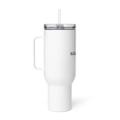 Large white thermal travel mug with handle-spill-resistant clear lid