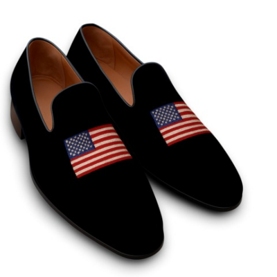 Crafted leather velvet '' american flag '' belgian loafers shoes black