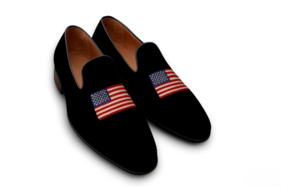 Crafted Leather Velvet '' American Flag '' Belgian Loafers Shoes Black