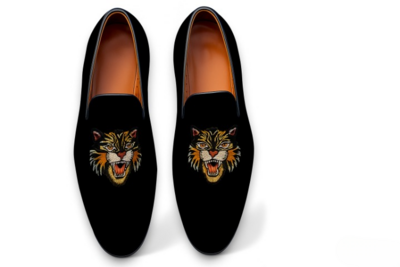 Crafted Leather Velvet '' ‘GG Ace Tiger '' Loafers Shoes Black