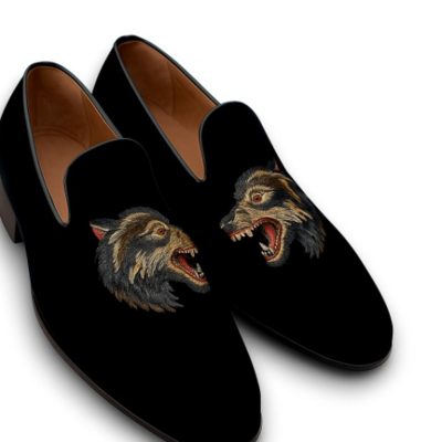 Crafted leather velvet '' ‘gg wolf '' loafers shoes black - Thumbnail 2