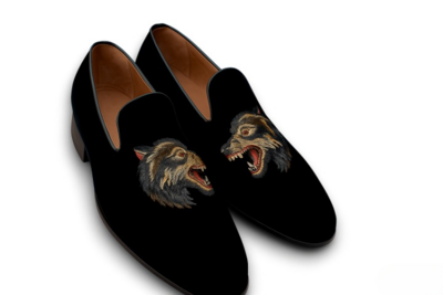 Crafted Leather Velvet '' ‘GG Wolf '' Loafers Shoes Black