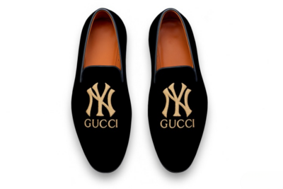 Crafted Leather Velvet '' GG NY Yankees'' Loafers Shoes Black 