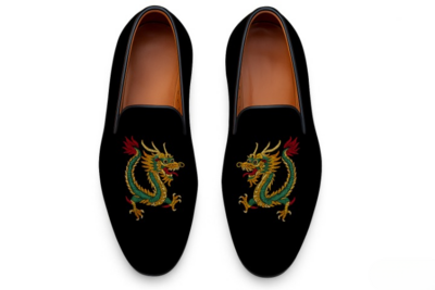 Crafted Leather Velvet '' GG Ace Dragon '' Loafers Shoes Black