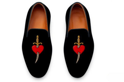 Crafted Leather Velvet '' GG  Ace Red Heart Dagger Sword '' Loafers Shoes Black