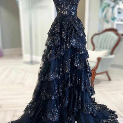 Off-the-shoulder bustier tiered ball gown prom dress with lace-up 