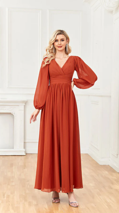 A Line V-neck long sleeved chiffon ruffled formal prom dress