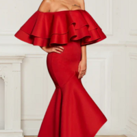 Asymmetric Red Boat Neck Fishtail Polyester Elegant Party Dress - Thumbnail 1
