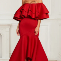 Asymmetric Red Boat Neck Fishtail Polyester Elegant Party Dress - Thumbnail 2