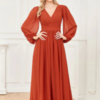 A Line V-neck long sleeved chiffon ruffled formal prom dress - Thumbnail 1