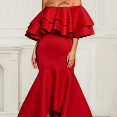 Asymmetric red boat neck fishtail polyester elegant party dress