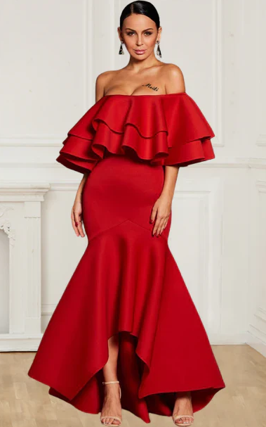 Asymmetric Red Boat Neck Fishtail Polyester Elegant Party Dress