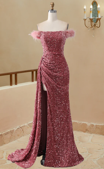 Elegant off the shoulder sequin sweet slim fit ball prom dress