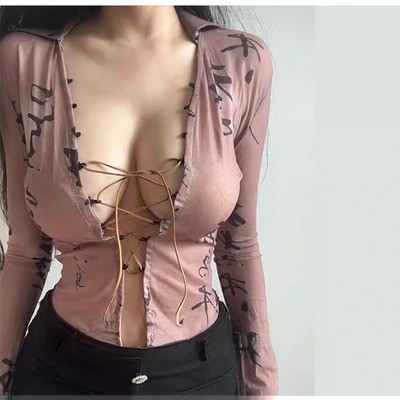 Retro sheer criss-cross lace-up cutout t-shirt