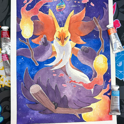 Original mega delphox watercolor painting