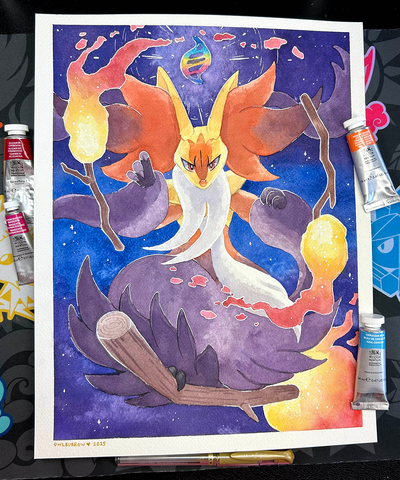 ORIGINAL Mega Delphox Watercolor Painting