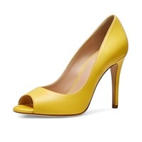 Crafted Leather Classic Women’s Dress Shoes High Heel Yellow Leather Open Toe Design - Thumbnail 1