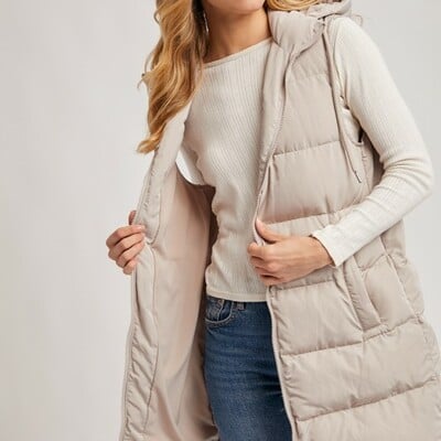 Long hooded puffer vest