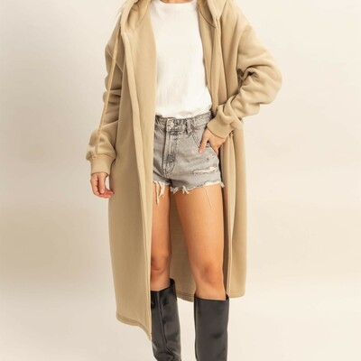 Long fleece hooded jacket - Thumbnail 1