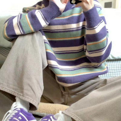 Vintage purple violet color block stripe pullover knit sweater